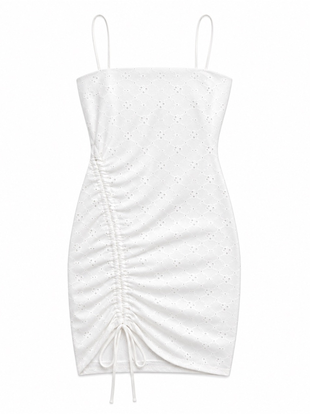Windsor White Spaghetti-Strap Eyelet Ruched Mini Dress